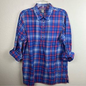 Duluth Trading plaid flannel tunic shirt in muted blue/wht/pink-Woman’s XL